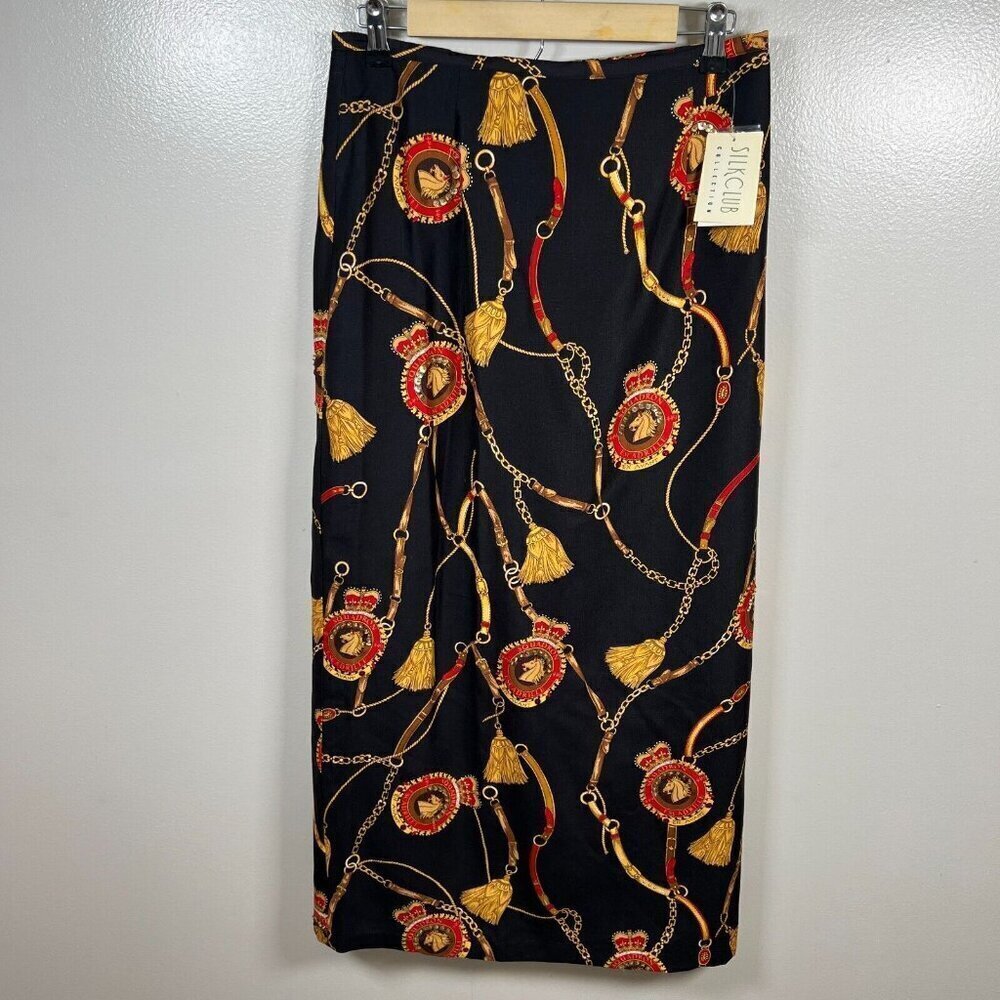 Vintage Silk Club Midi Skirt Size 8 Equestrian Black Sequin Horse Modest Work